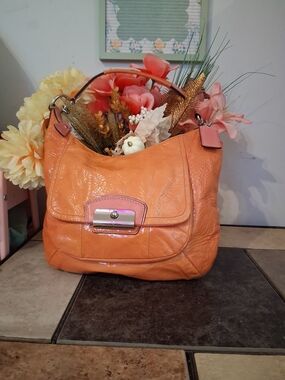 Coach Orange Patent Leather Hampton Shoulder Bag with Pink Trim